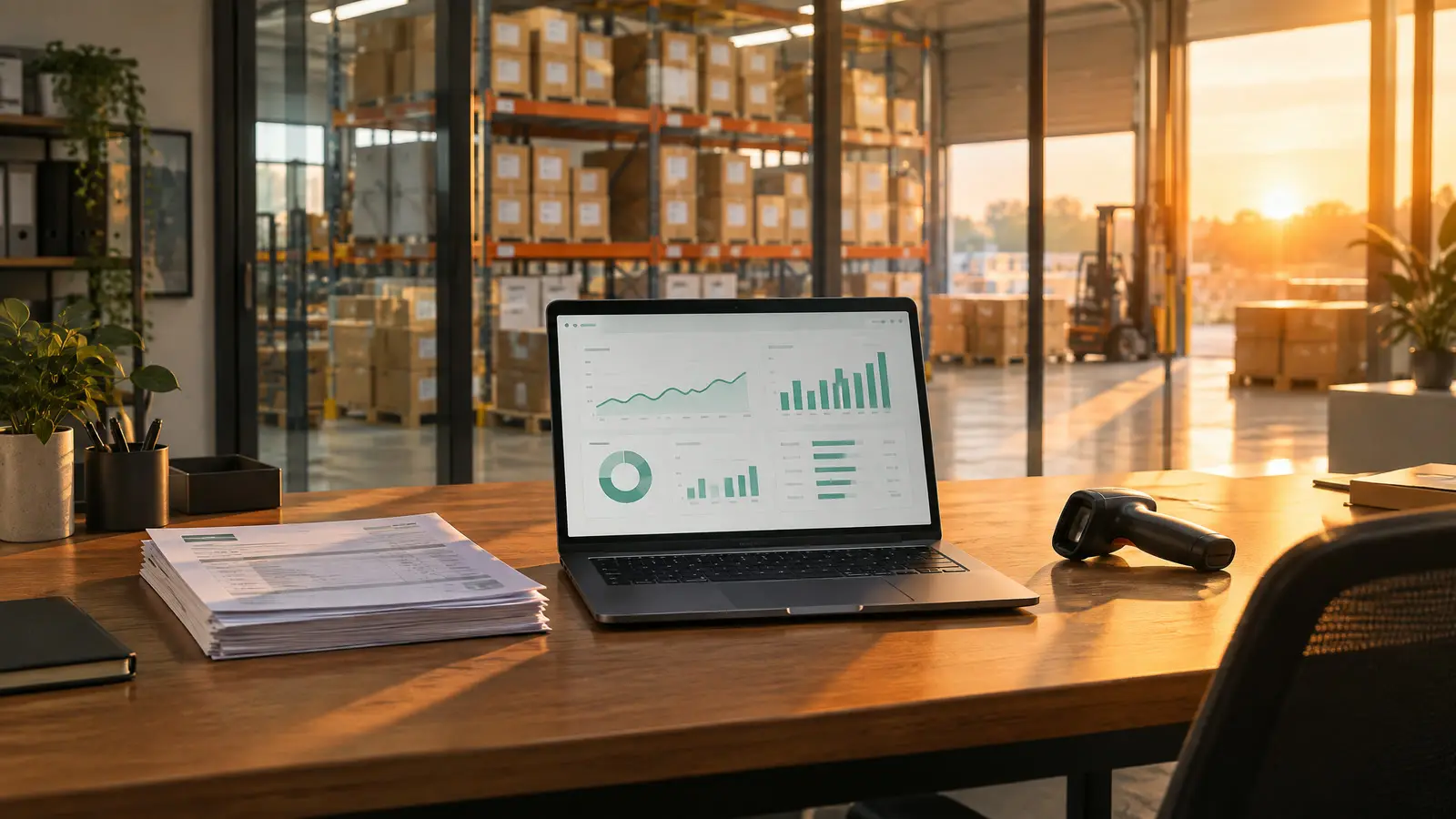 An office next to a warehouse with a laptop, invoices and a barcode scanner