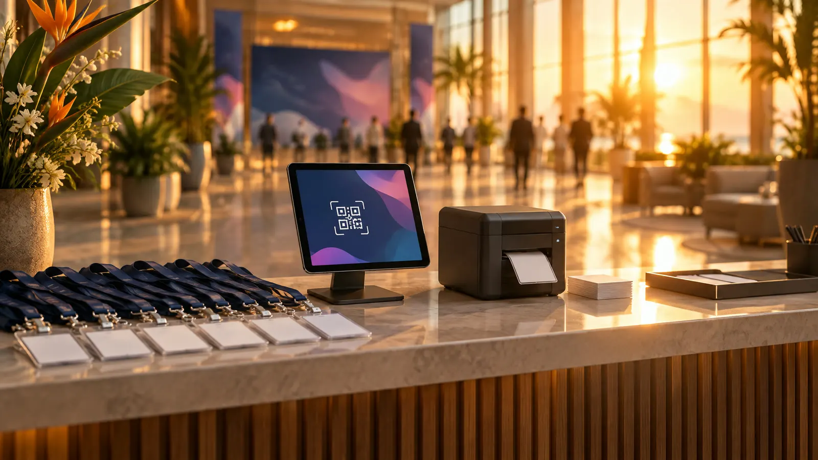 A congress registration desk with badges and a QR tablet